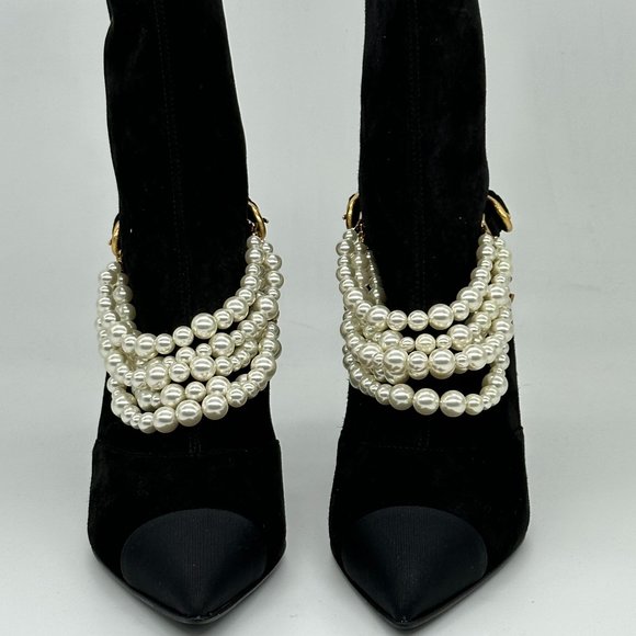 CHANEL 21A Suede Pearl String CC Charm Logo Ankle Bootie Boots Kitten Heel - Picture 5 of 16